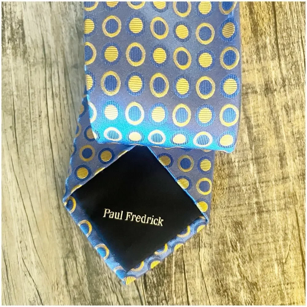 Paul Fredrick 100% Silk Tie Polka Dot Blue Yellow Abstract Artsy Business Preppy